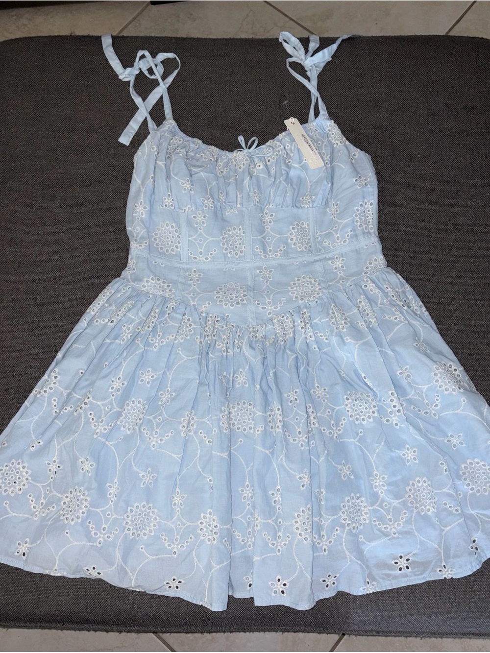 Olivaceous Light Blue Eyelet Mini Dress with Tie Straps